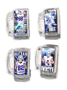 Set (4) Dallas Cowboys NFL Large Beer Mugs Glass Prescott Whitten Bryant Elliott